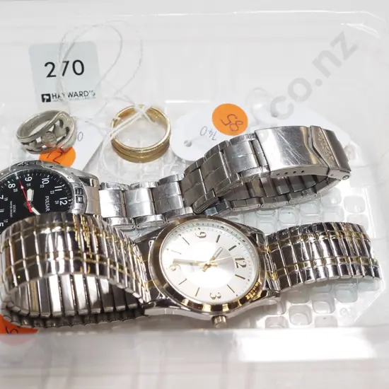 tray; 2x watches- 1 broken, 2x rings