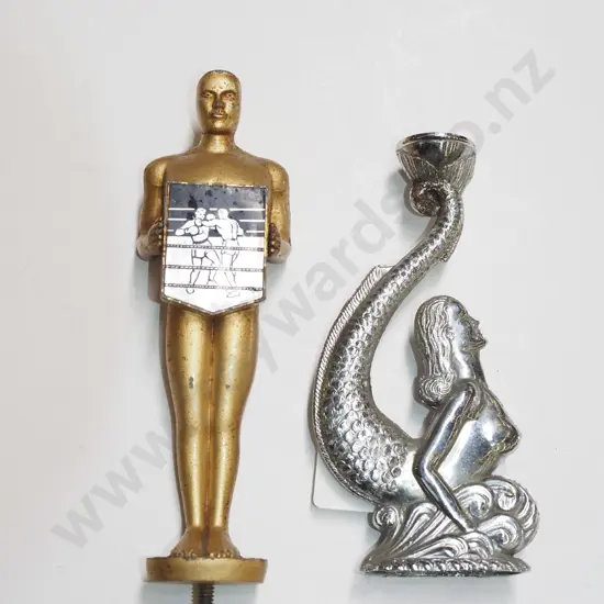 cast mermaid figurine from stand, cast metal male figurine - no stand
