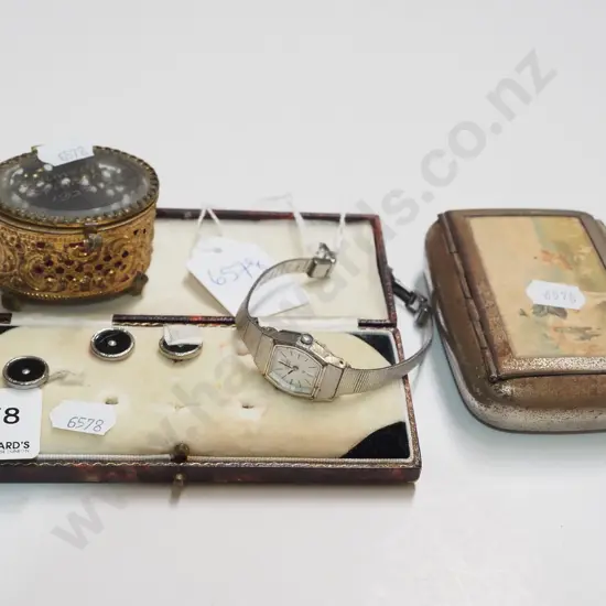 2x trinket boxes, ladies watch, buttons