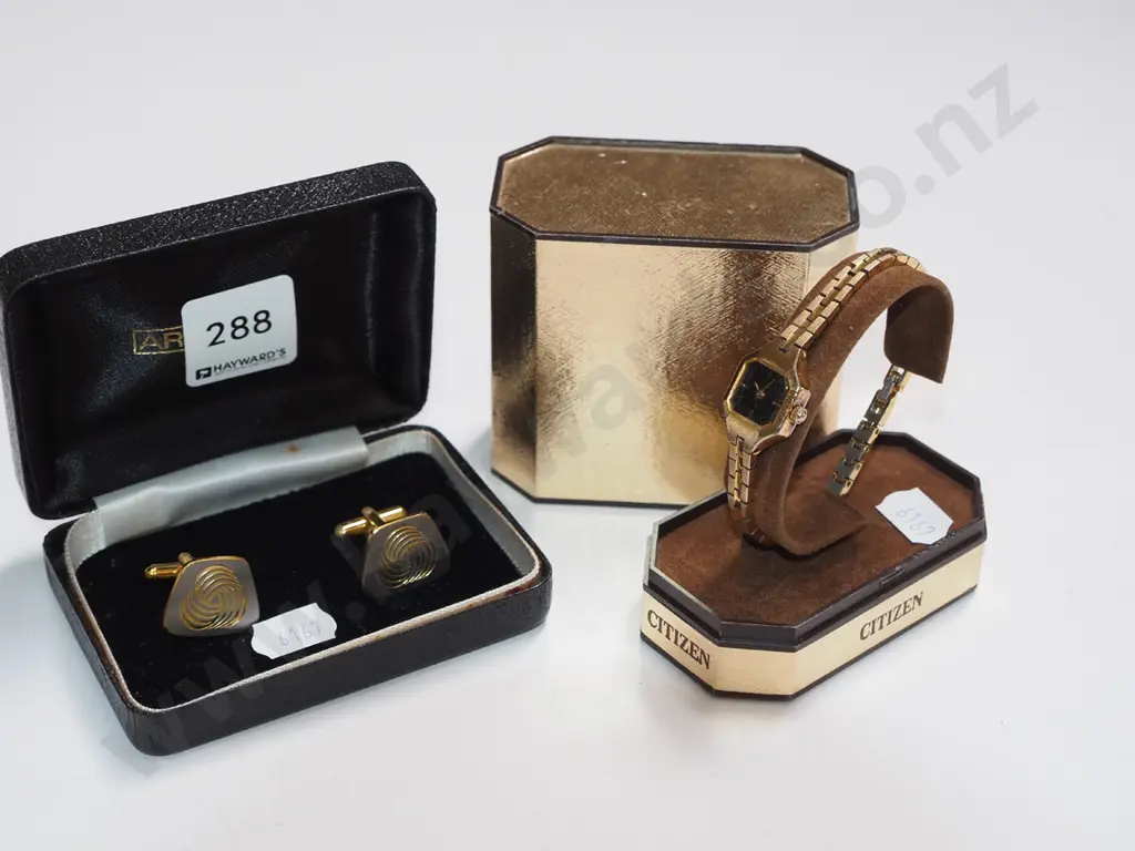 cased Woolmark cufflinks, ladies Citizens watch in case Image 1++