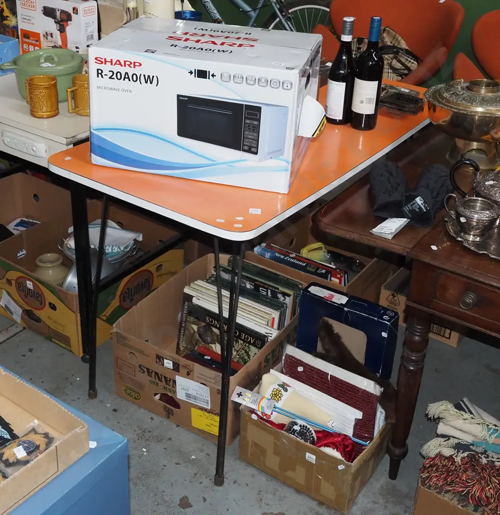 retro orange formica table with metal legs - marking and fading to top H750 W2010 D610 Image 1++