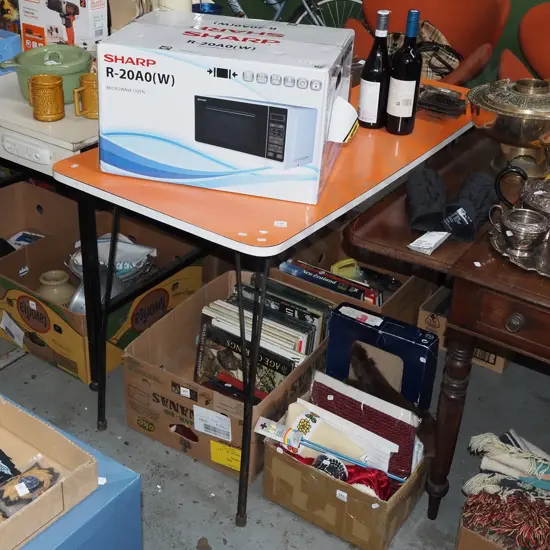 retro orange formica table with metal legs - marking and fading to top H750 W2010 D610