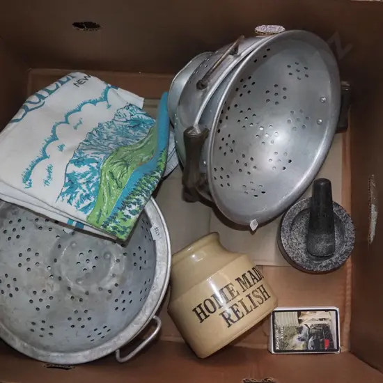 box; colanders, Queenstown tea towel etc