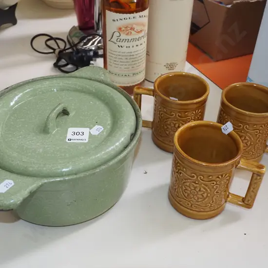 cast iron speckled enamel casserole, 3x vintage Crown Lynn coffee cups