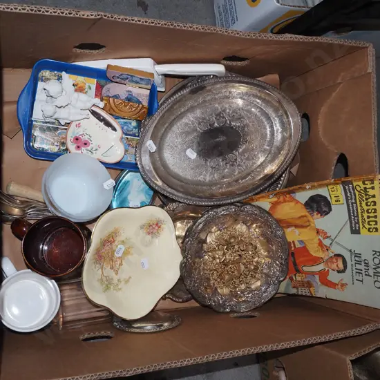 box; plated bowls,cups, cherub figurines etc