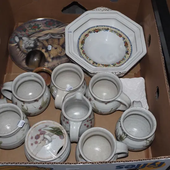 box; pottery coffee cups, creamer, bowls etc