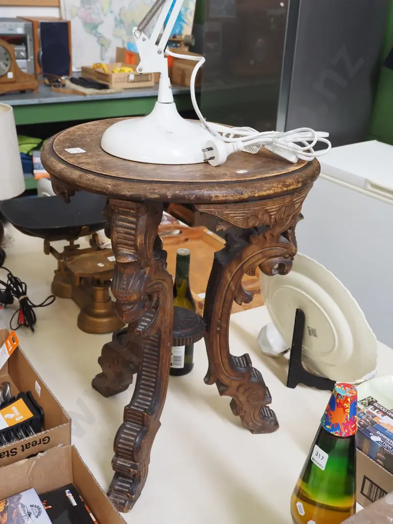 heavily carved wooden wine table H600 Diam440 - varnish needs attention Image 1++