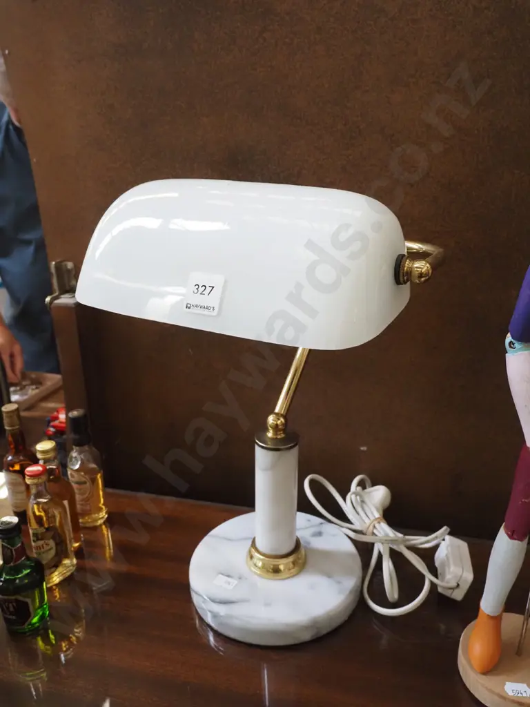 milk glass, brass and marble banker's lamp Image 1++