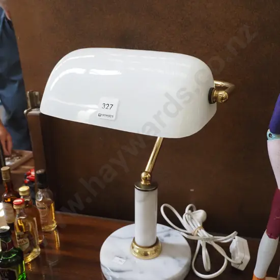 milk glass, brass and marble banker's lamp
