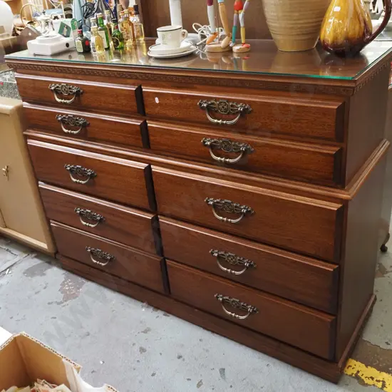 mahogany solid wood 10 drawer chest on chest with protective glass top H1020 W1360 D410