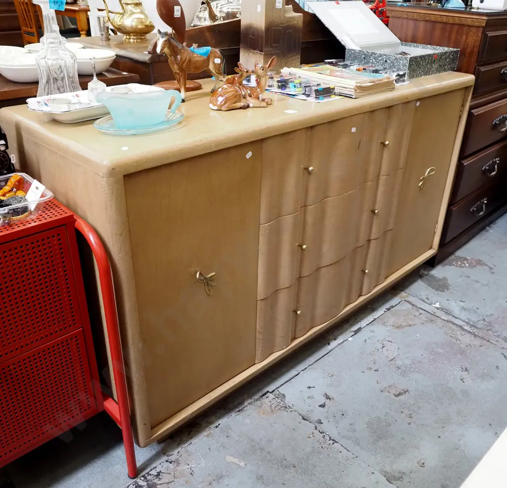 mid century solid oak buffet sideboard - with 2 doors, 3 drawers - some scratching and marks to top H825 W1480 D485 Image 1++