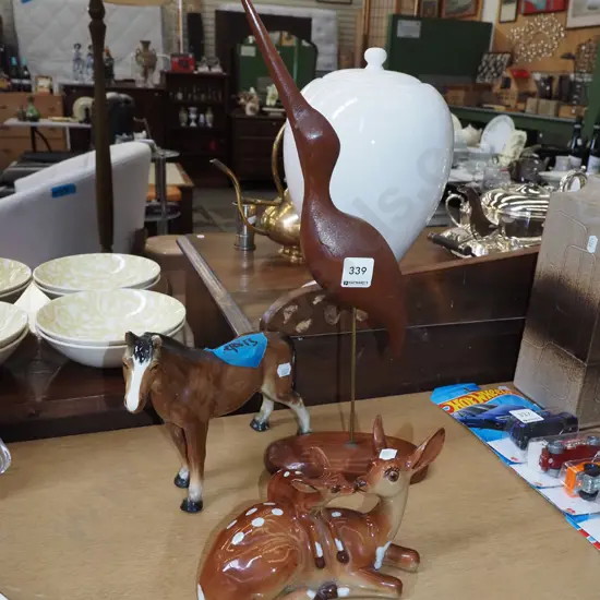 wooden bird figurine, deer and fawn, horse figurine - repairs Tallest H400