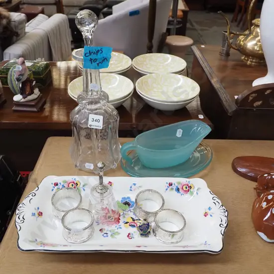 Teal gravy boat, napkin rings, decanter - chips etc