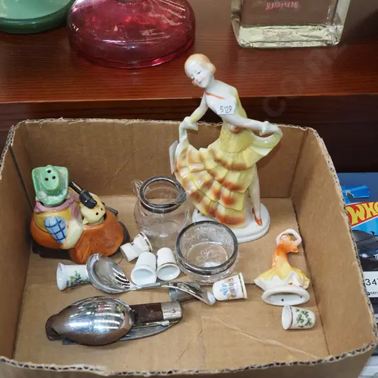 box; figurines, thimbles, small glass jug etc