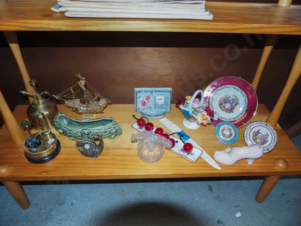 shelf; Limoges plates, glass cherries, trough vase etc Image 1++