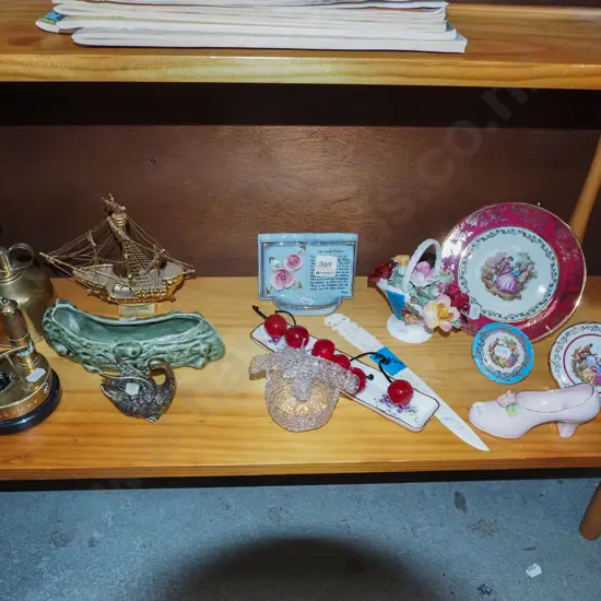shelf; Limoges plates, glass cherries, trough vase etc