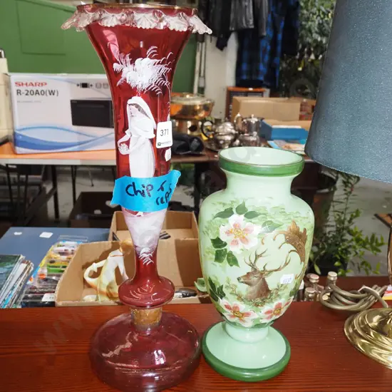 Mary Gregor ruby glass vase- chips and repairs H390, hand painted green glass vase