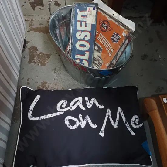 tin drinks bucket, prints on tin, cushion