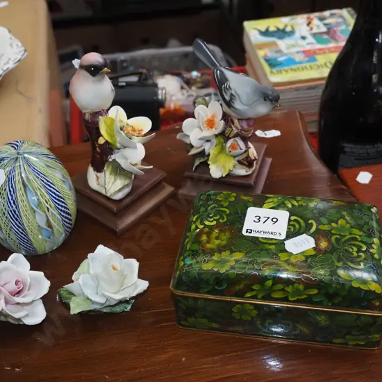 2x ceramic floral sprays, paperweight, cloisonne trinket box etc