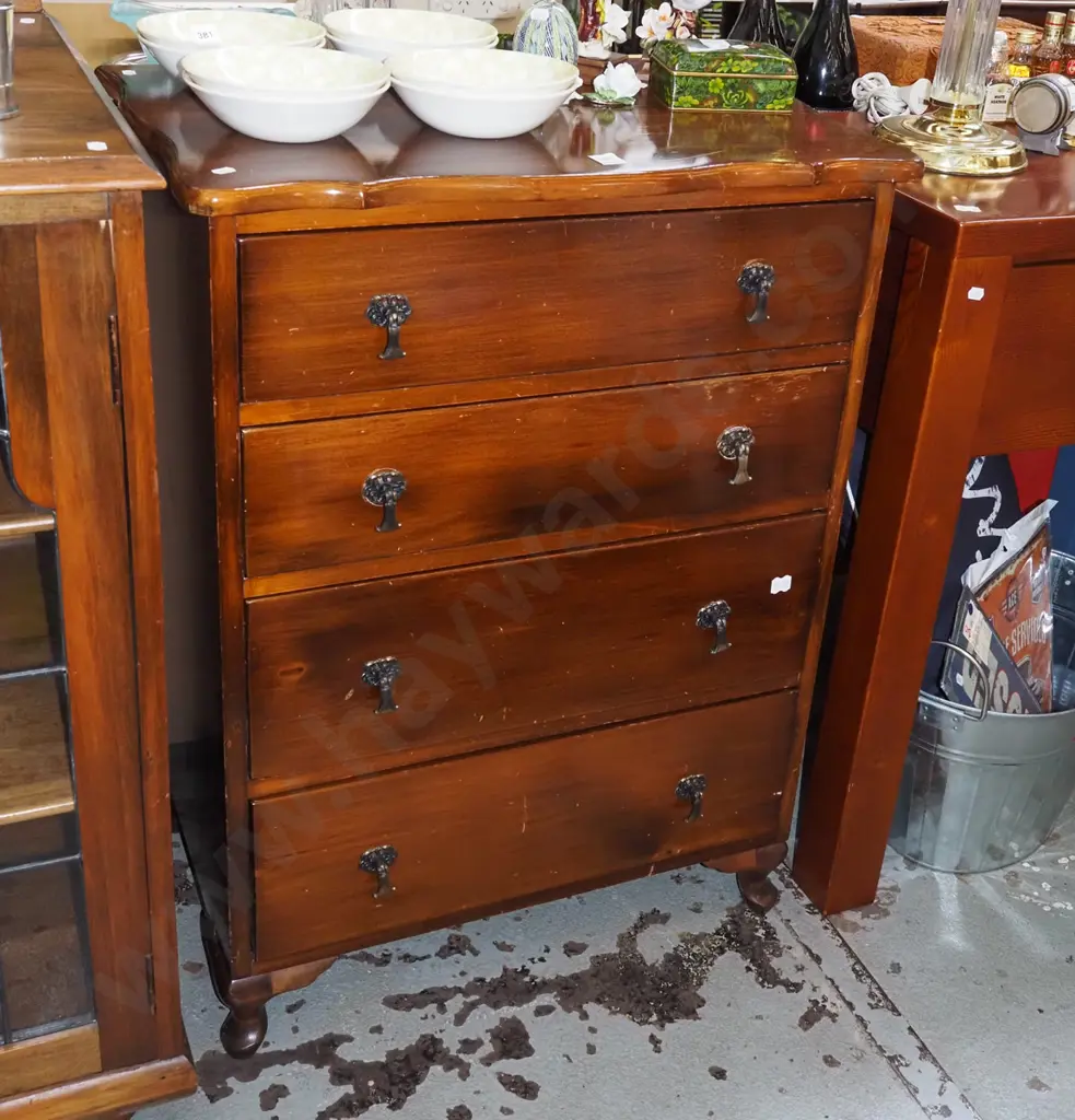 rimu cab leg 4 drawer tallboy - varnish needs attention H855 W640 D420 Image 1++