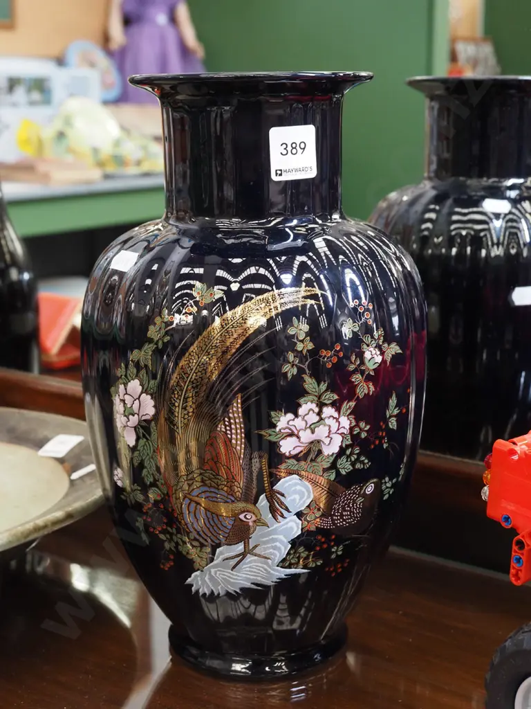 colbalt blue vase with pheasant images H320 Image 1++