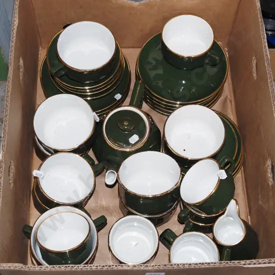 box; green and gold rimmed cups, plates, saucers etc