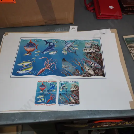 collection of NZ stamp sets and related unframed prints