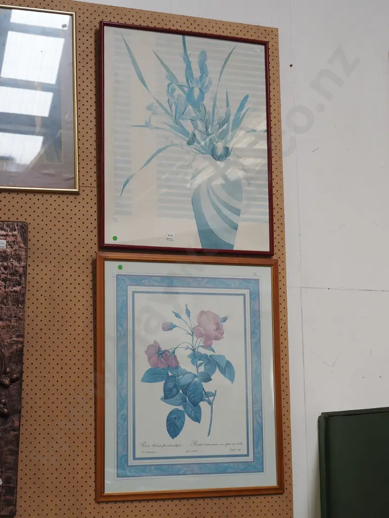 2x framed botanical prints - significant fading - green dots Image 1++