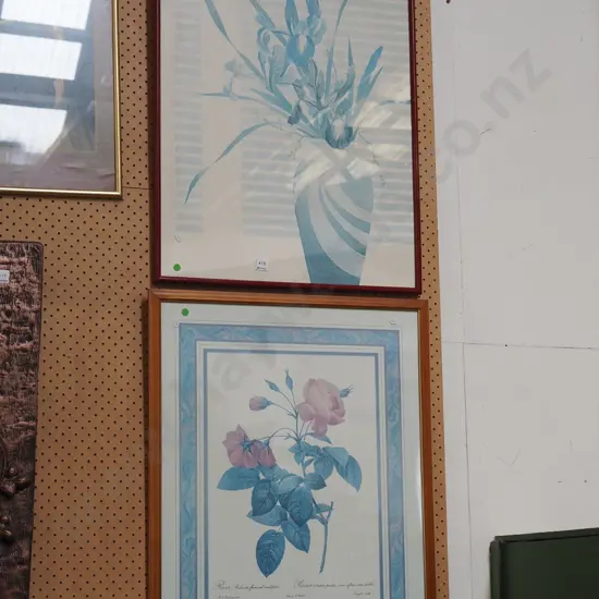 2x framed botanical prints - significant fading - green dots