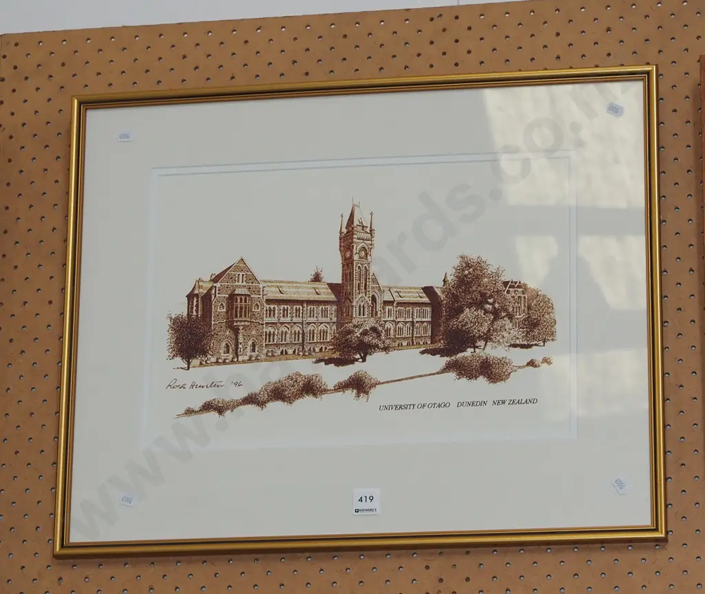 2x framed prints - cottage, swans on pond - black dots Image 1++