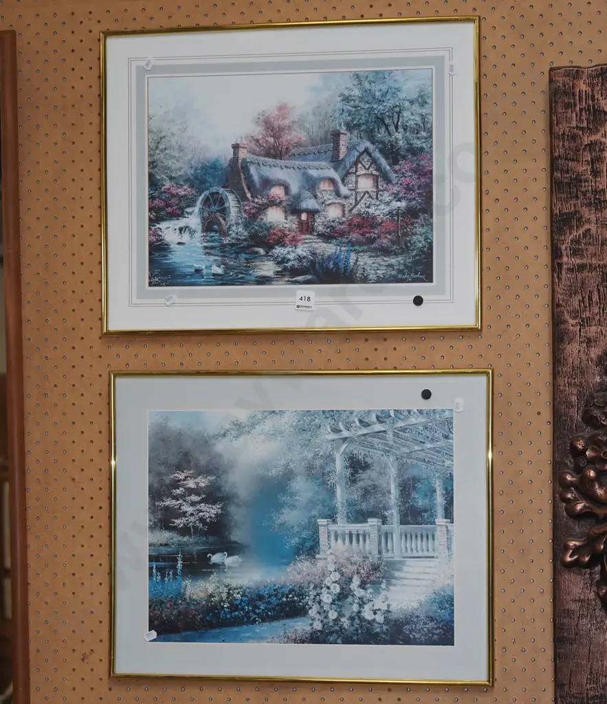 2x framed prints - cottage, swans on pond - black dots Image 1++