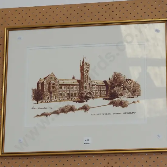 2x framed prints - cottage, swans on pond - black dots