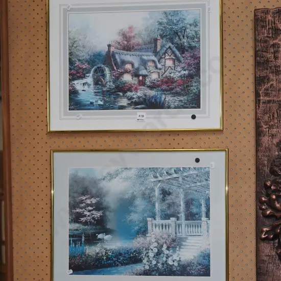 2x framed prints - cottage, swans on pond - black dots