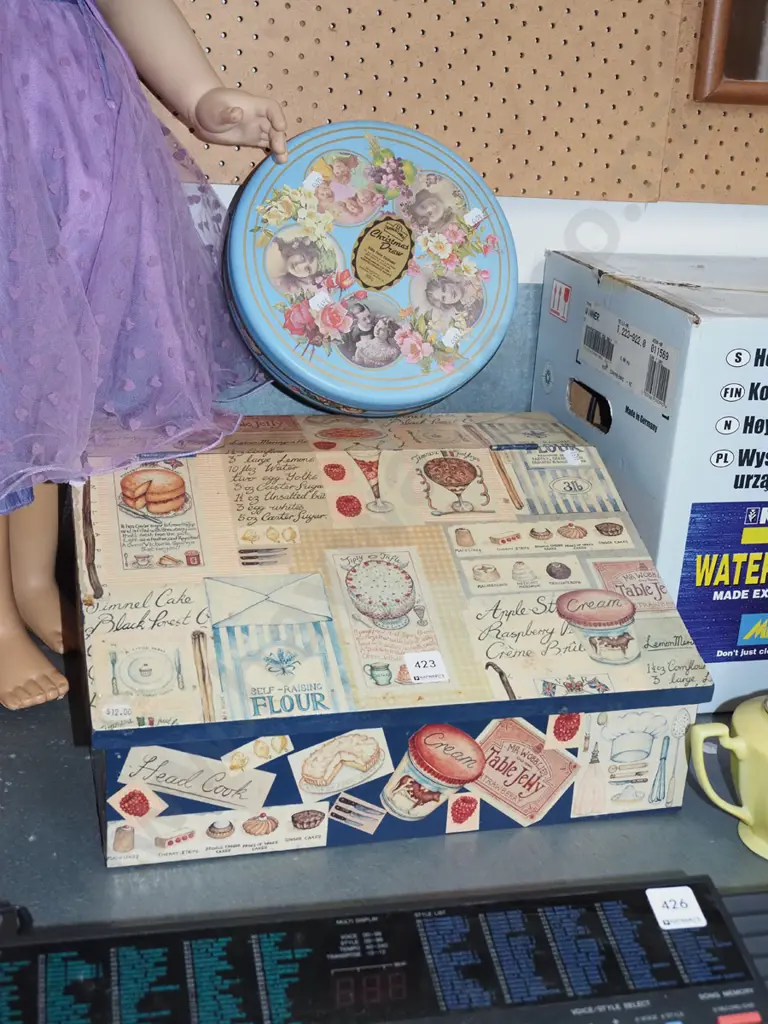 wooden lidded bread bin with baking themed decoration, reproduction vintage biscuit tin Image 1++