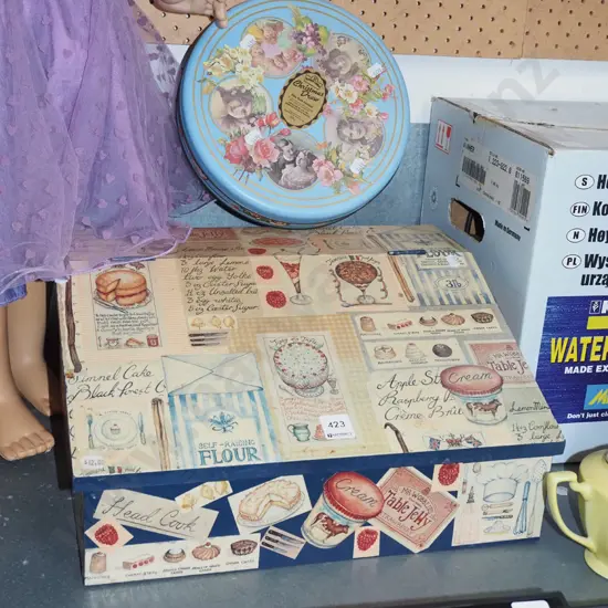 wooden lidded bread bin with baking themed decoration, reproduction vintage biscuit tin