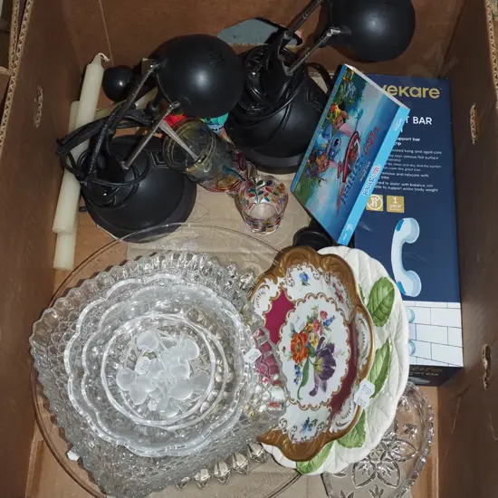box; desk lamps, crystal and glass bowls etc