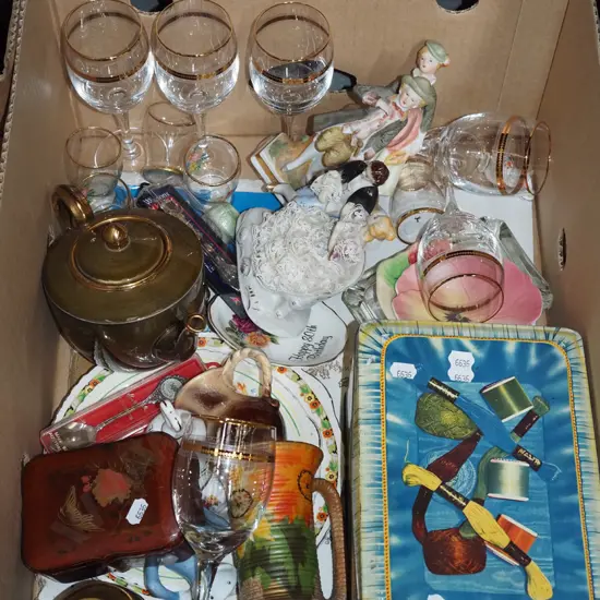 box; glass ware, vases, tea pot etc