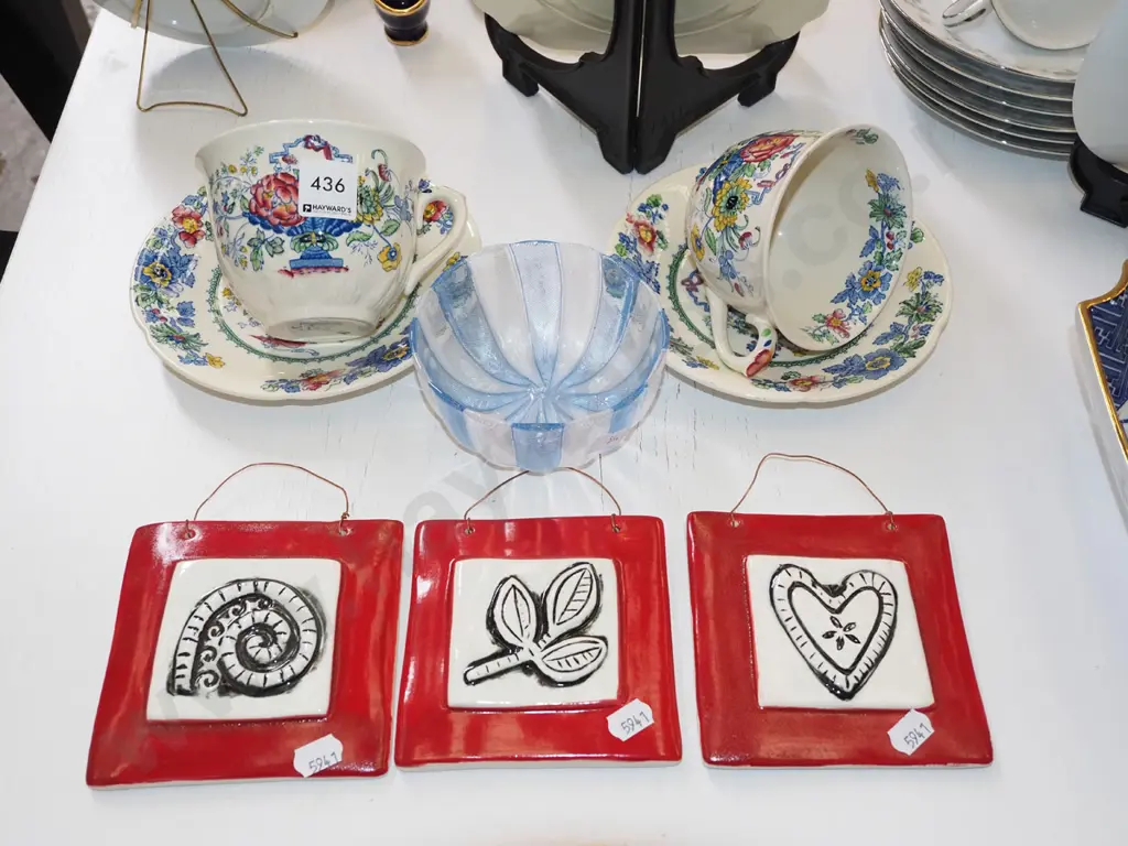 blue glass bowl, 3x picture wall tiles, 2x Masons coca cups etc Image 1++