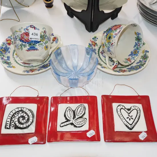 blue glass bowl, 3x picture wall tiles, 2x Masons coca cups etc