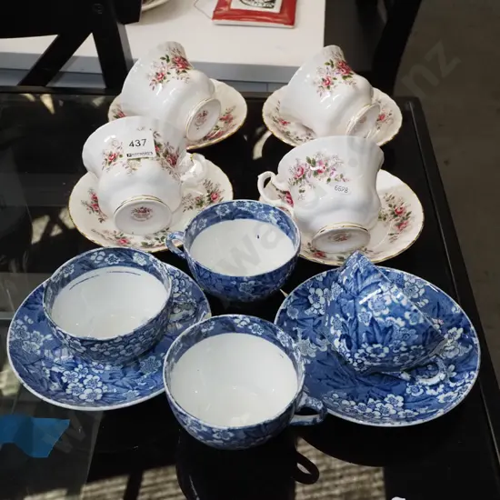 Royal Albert lavender rose cups, saucers, blue and white cups and saucers - damage