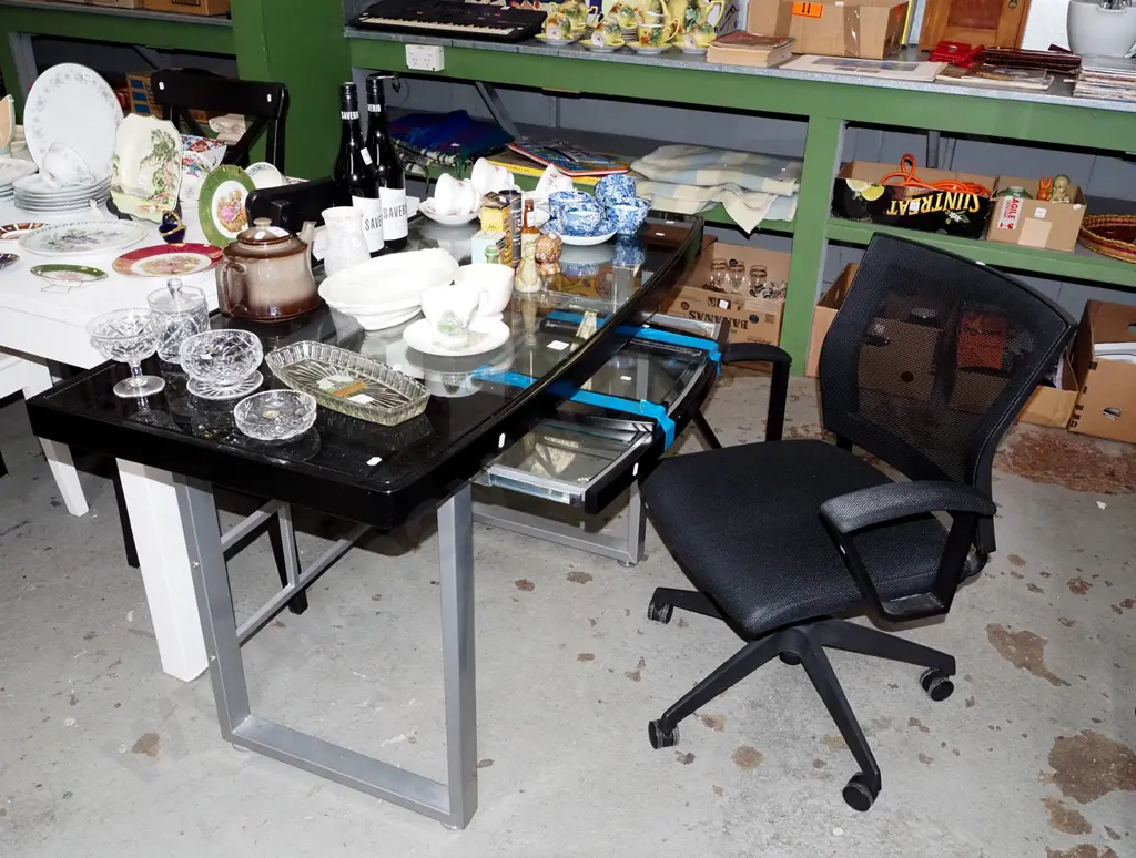 glass top computer desk with black office chair Desk H760 W1220 D570 Image 1++