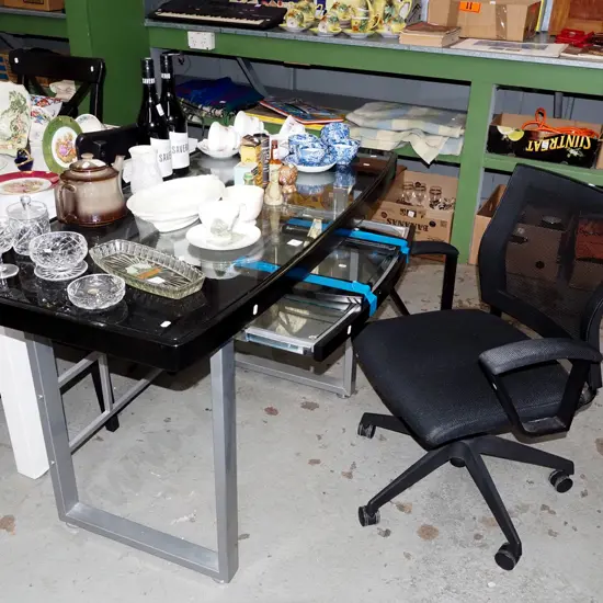 glass top computer desk with black office chair Desk H760 W1220 D570