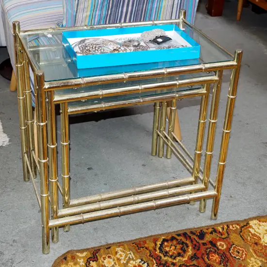 nest  of 3 brass and glass tables - tarnishing and 1 table missing 2 end caps