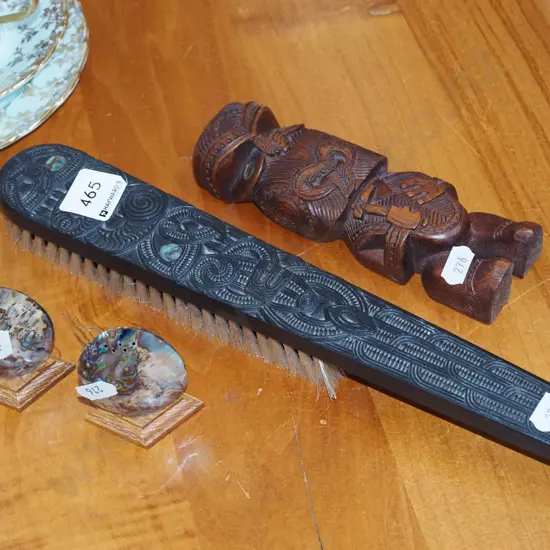 NZ souvenir paua shell salt and pepper shakers, clothes brush, pou-pou