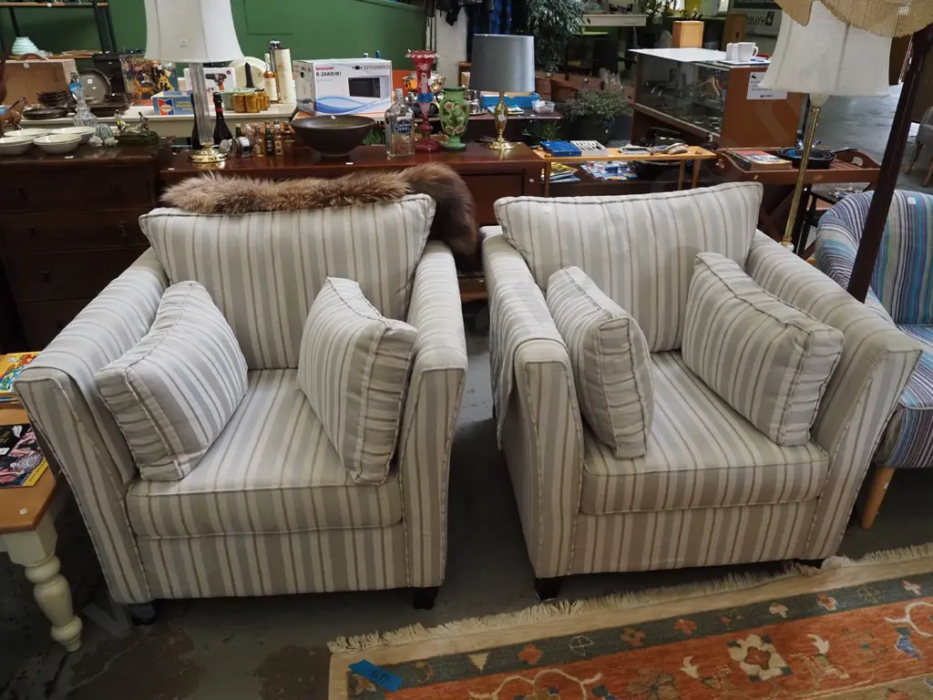 2x cream and taupe striped armchairs with cushions Image 1++