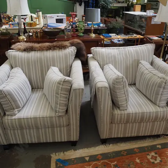 2x cream and taupe striped armchairs with cushions