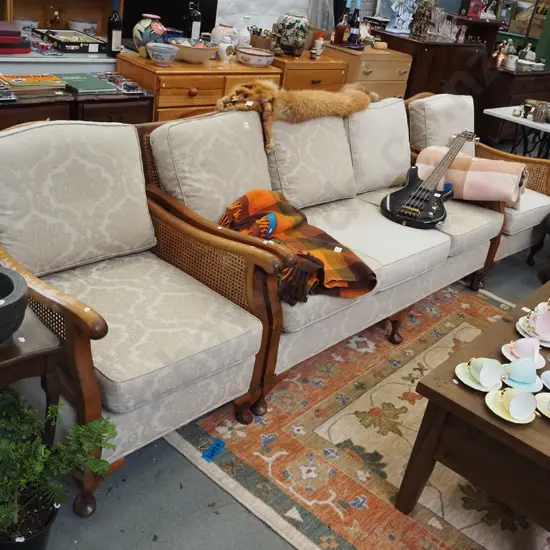 cab leg bergere 3 piece lounge -  3 seater, 2 singles - cane in good condition, varnish light in some areas