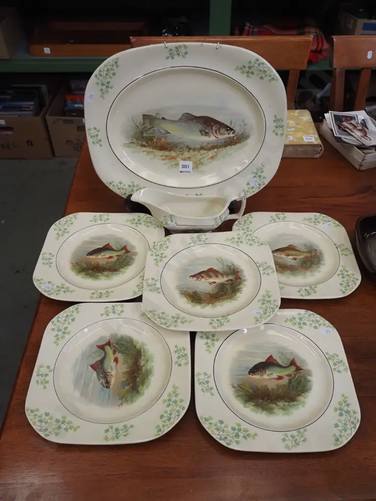 Woods Ivory Ware fish themed ashet, plates, jug Image 1++