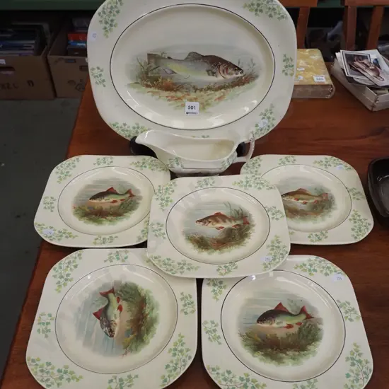 Woods Ivory Ware fish themed ashet, plates, jug