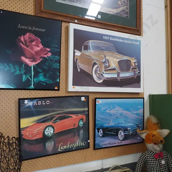 3x automotive prints, 1x rose print on board - orange dots